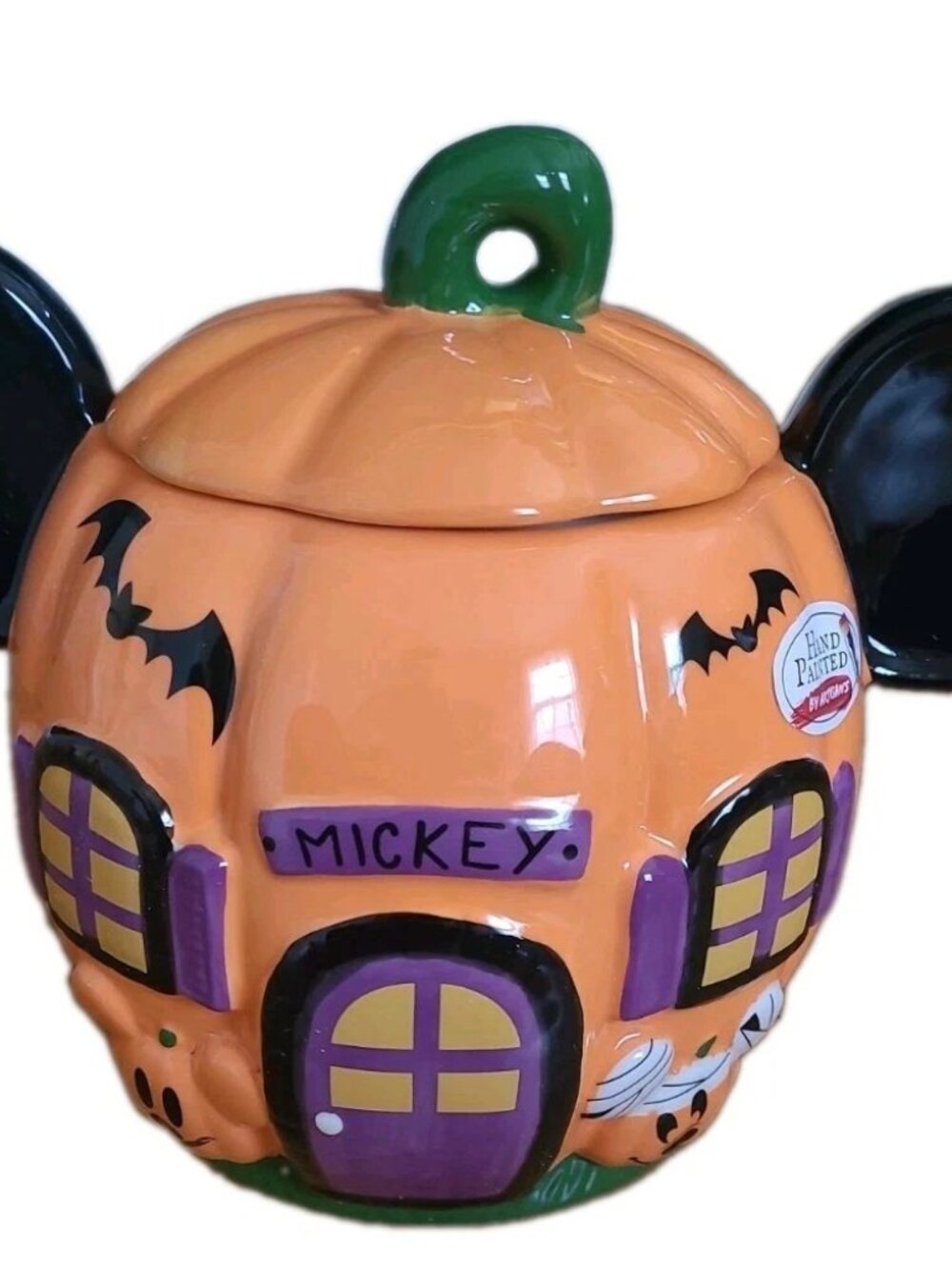 Disney Mickey Mouse Hand Painted Halloween Pumpkin Candy Jar NWT Ceramic